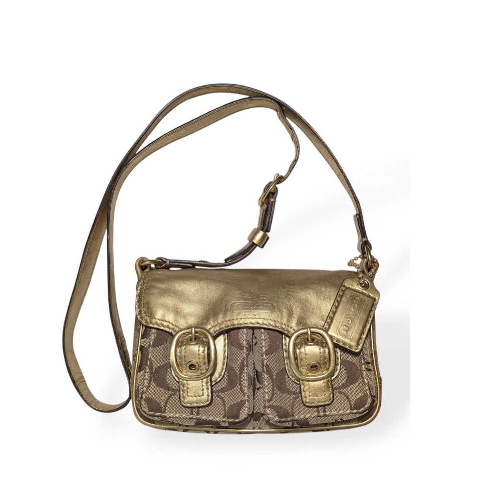 Coach Signature Bleecker Crossbody Jessie Buckle Bag Gold Tan Khaki Jacquard Y2K